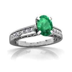 3.60 Ct Oval Green Emerald And Natural Earth Mined Diamonds Ring 14K White Gold