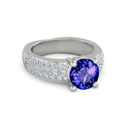 3.70 Carats Round Cut Tanzanite With Natural Earth Mined Diamonds Ring White Gold 14K