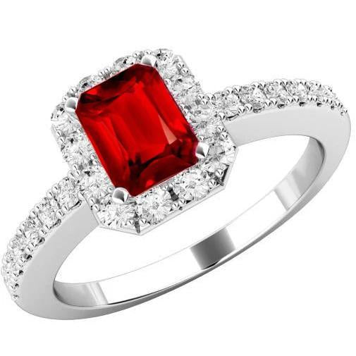 3.75 Carats Emerald Cut Ruby And Round Diamonds Ring 14K White Gold - Gemstone Ring-harrychadent.ca