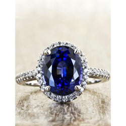 3.75 Carats Oval Ceylon Sapphire With Round Natural Earth Mined Diamonds Engagement Ring