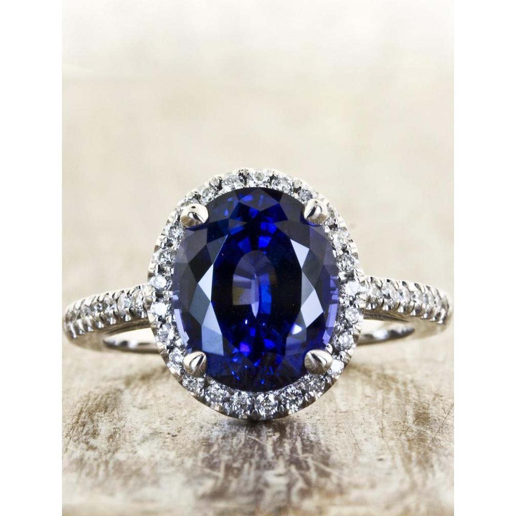 3.75 Carats Oval Ceylon Sapphire With Round Diamonds Engagement Ring - Gemstone Ring-harrychadent.ca