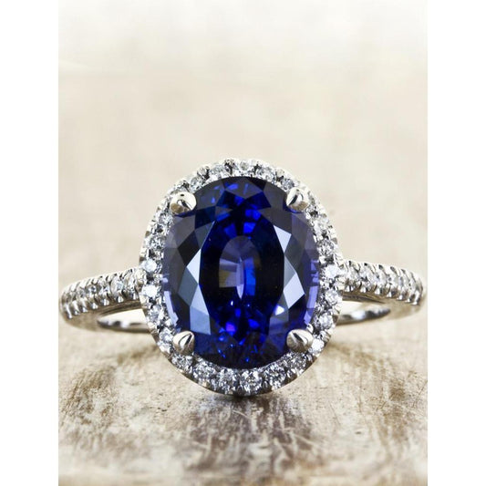 3.75 Carats Oval Ceylon Sapphire With Round Diamonds Engagement Ring - Gemstone Ring-harrychadent.ca