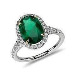 3 Carats Oval Cut Green Emerald With Natural Earth Mined Diamond Ring White Gold 14K