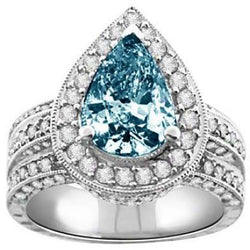 3 Ct. Blue Pear & White Round Diamonds Ring White Gold 14K Gemstone
