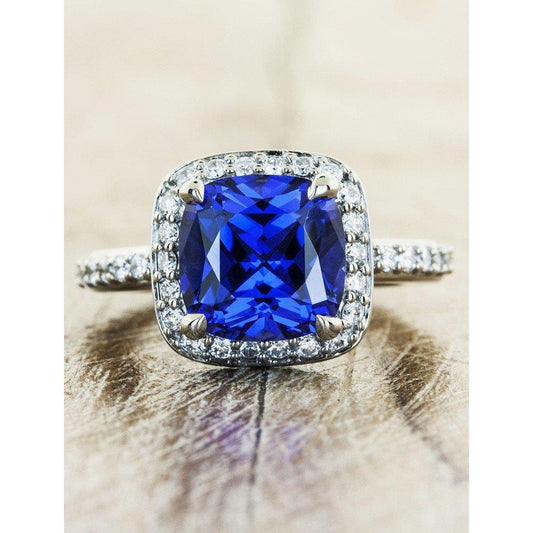 3 Ct Ceylon Sapphire Halo Diamond Wedding Ring Solid White Gold 14K - Gemstone Ring-harrychadent.ca