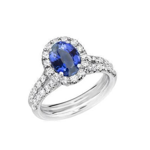 3 Ct Oval Blue Sapphire And Round Diamonds Ring White Gold 14K - Gemstone Ring-harrychadent.ca