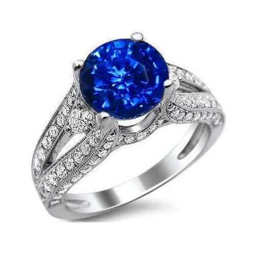3 Ct Round Ceylon Sapphire And Diamond Ring Solid White Gold 14K - Gemstone Ring-harrychadent.ca