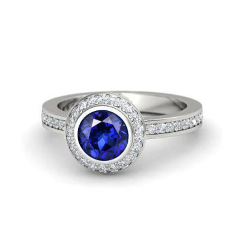 3 Ct Round Cut Ceylon Sapphire Diamonds Ring White Gold 14K - Gemstone Ring-harrychadent.ca