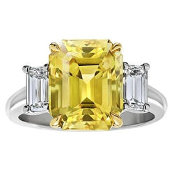 3 Stone 4.50 Carats Yellow Sapphire & Natural Earth Mined Diamonds Wedding Ring Gold 14K