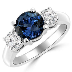 3 Stone Ceylon Blue Sapphire & Natural Earth Mined Diamond Ring 4.50 Carats White Gold 14K