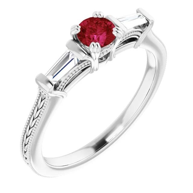 3 Stone Diamond Ruby Ring Vintage Style 2 Carats Milgrain Jewelry - Gemstone Ring-harrychadent.ca