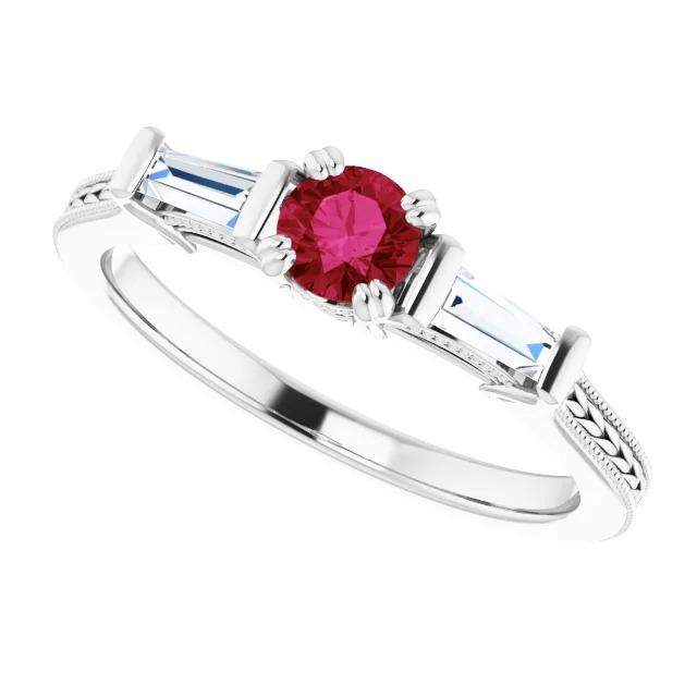 3 Stone Diamond Ruby Ring Vintage Style 2 Carats Milgrain Jewelry - Gemstone Ring-harrychadent.ca