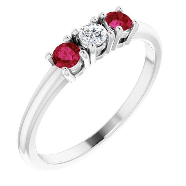 3 Stone Ring Round Diamond Ruby 0.60 Carats White Gold 14K - Gemstone Ring-harrychadent.ca