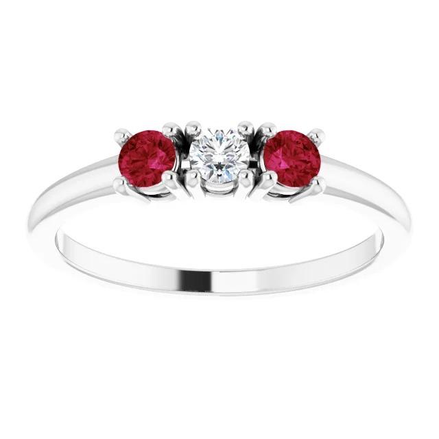 3 Stone Ring Round Diamond Ruby 0.60 Carats White Gold 14K - Gemstone Ring-harrychadent.ca