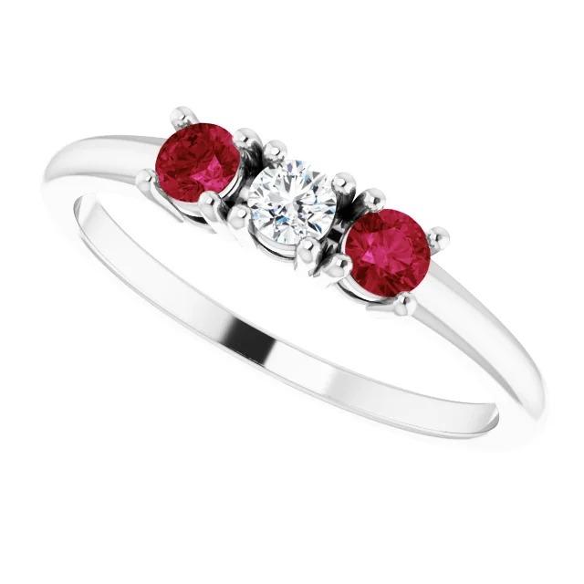 3 Stone Ring Round Diamond Ruby 0.60 Carats White Gold 14K - Gemstone Ring-harrychadent.ca