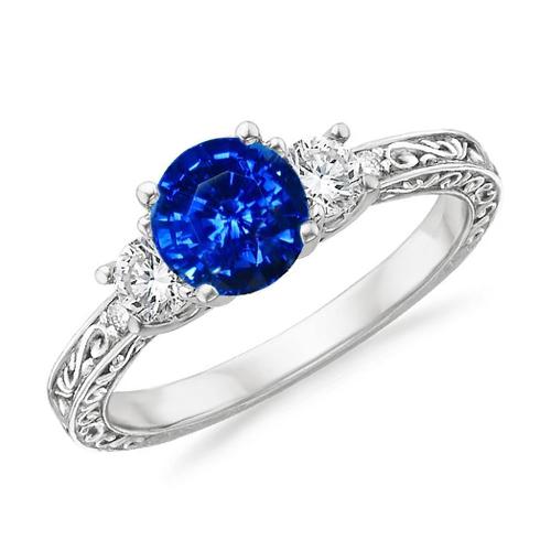 3 Stone Style 2.60 Ct Sri Lankan Sapphire And Diamonds Ring WG 14K - Gemstone Ring-harrychadent.ca