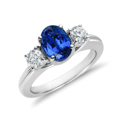 3 Stone Style Sri Lankan Sapphire With Diamonds Ring 3 Carats WG 14K - Gemstone Ring-harrychadent.ca
