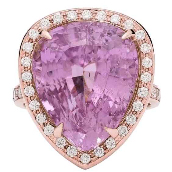 31 Carats Pear Cut Kunzite With Diamond Ring 14K Gold Rose New - Gemstone Ring-harrychadent.ca