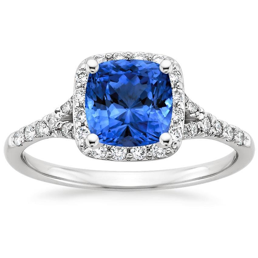 4.10 Ct Cushion Sri Lankan Sapphire And Round Diamonds Ring White Gold - Gemstone Ring-harrychadent.ca