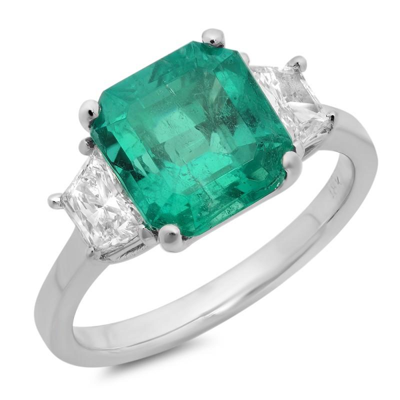 4.25 Carats Green Emerald Diamond Three Stone Ring White Gold 18K New - Gemstone Ring-harrychadent.ca