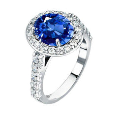 4.25 Carats Prong Set Sapphire And Diamonds Ring White Gold 14K