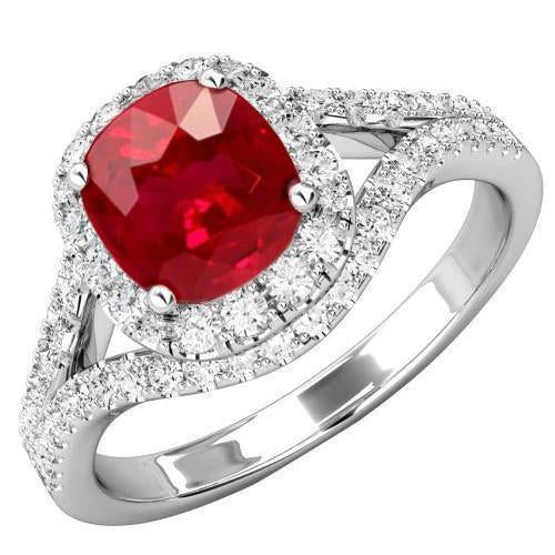 4.35 Ct Halo Ruby And Diamonds Ring Split Shank White Gold 14K - Gemstone Ring-harrychadent.ca