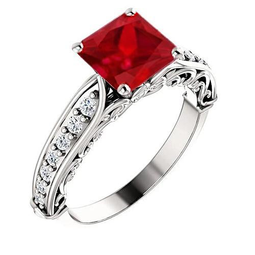 4.40 Carats Princess Red Ruby And Sparkling Diamond Ring Gold 14K - Gemstone Ring-harrychadent.ca