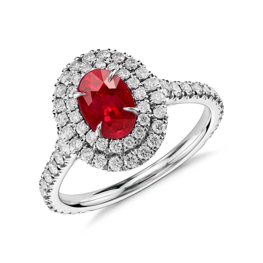 4.50 Ct Double Halo Ruby And Diamonds Ring Gold White 14K - Gemstone Ring-harrychadent.ca