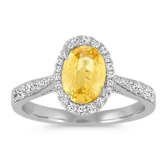 4.50 Ct Oval Yellow Sapphire And Round Diamonds Ring White Gold 14K - Gemstone Ring-harrychadent.ca