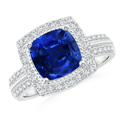 4.75 Carats Cushion And Round Sapphire And Natural Earth Mined Diamond Anniversary Ring