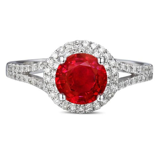 4.80 Ct Halo Red Ruby With Accents Diamond Wedding Ring White Gold 14K - Gemstone Ring-harrychadent.ca