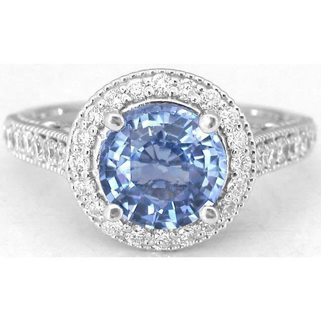 4.86 Ct Round Cut Ceylon Sapphire Diamond Ring White Gold 14K - Gemstone Ring-harrychadent.ca