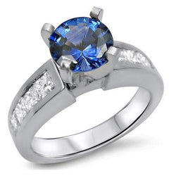 4 Carats Ceylon Blue Sapphire And Natural Earth Mined Diamonds Ring 14K White Gold