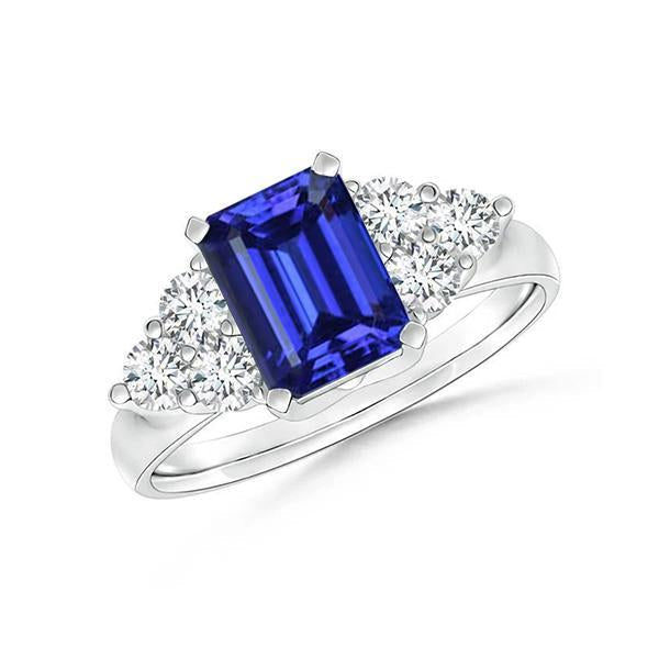 4 Ct Emerald Cut Ceylon Blue Sapphire And Round Diamond Wedding Ring - Gemstone Ring-harrychadent.ca