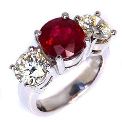 4 Ct Ruby And Round Natural Earth Mined Diamond 3 Stone Ring White Gold Lady Jewelry