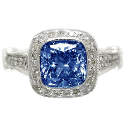5 Carats Blue Sapphire Cushion Halo Diamond Ring Jewelry
