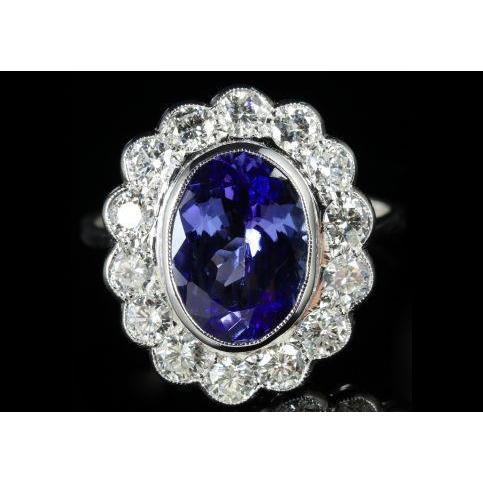 5.15 Ct Oval Bezel Set Tanzanite With Diamonds Ring 14K White Gold - Gemstone Ring-harrychadent.ca