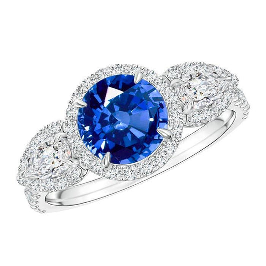 5.30 Ct Pear And Round Ceylon Sapphire Diamonds Ring White Gold 14K - Gemstone Ring-harrychadent.ca