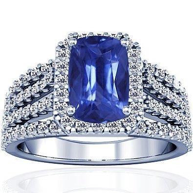 5.50 Carats Cushion & Round Ceylon Sapphire with Diamonds Ring WG 14K - Gemstone Ring-harrychadent.ca