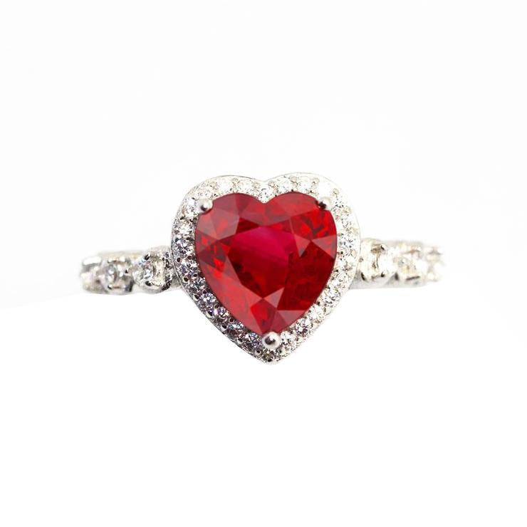 5.50 Ct Heart Shaped Ruby Halo Round Diamond Ring White Gold 14K - Gemstone Ring-harrychadent.ca
