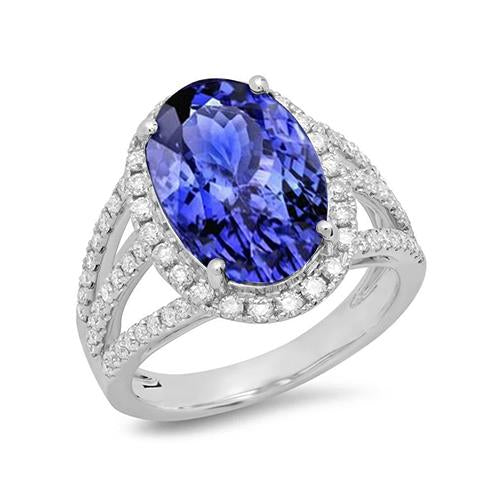 5.80 Carats Oval Tanzanite & Round Diamond Fancy Ring White Gold 14K - Gemstone Ring-harrychadent.ca