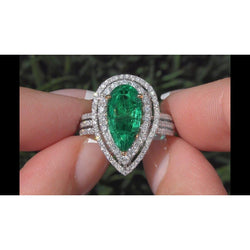 5 Carats Beautiful Pear Green Emerald Natural Earth Mined Diamond Ring White Gold 14K