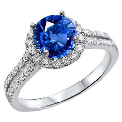 5 Ct Round Ceylon Sapphire With Natural Earth Mined Diamonds Ring White Gold 14K