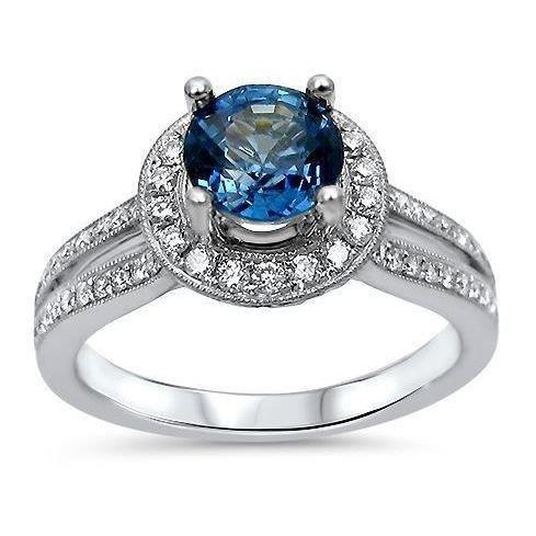 5 Ct Round Cut Ceylon Sapphire And Diamonds Ring White Gold 14K - Gemstone Ring-harrychadent.ca