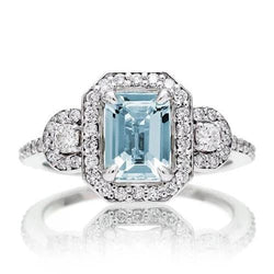 6.25 Ct Emerald Cut Aquamarine And Small Diamonds Ring White Gold
