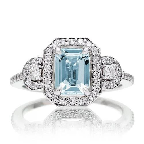 6.25 Ct Emerald Cut Aquamarine And Small Diamonds Ring White Gold - Gemstone Ring-harrychadent.ca