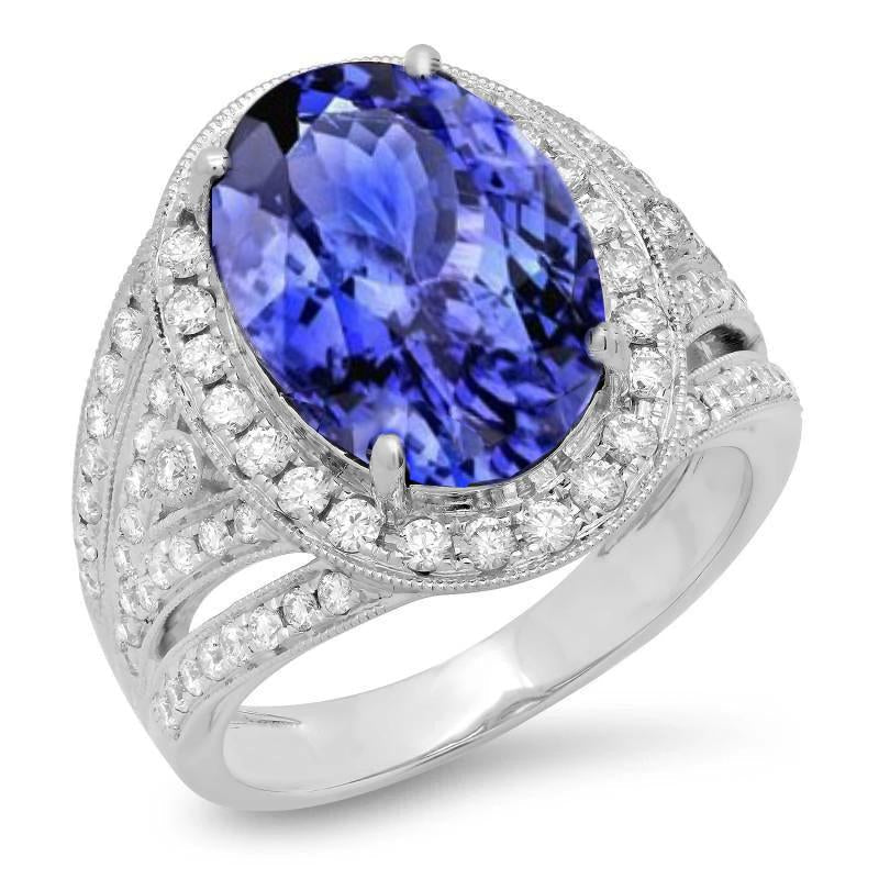 6.55 Carats Centre Oval Tanzanite Fancy Ring White Gold 14K - Gemstone Ring-harrychadent.ca