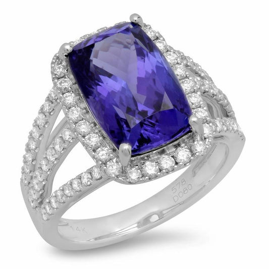 6.55 Carats Fancy Ring Cushion AAA Tanzanite And Diamonds Jewelry - Gemstone Ring-harrychadent.ca