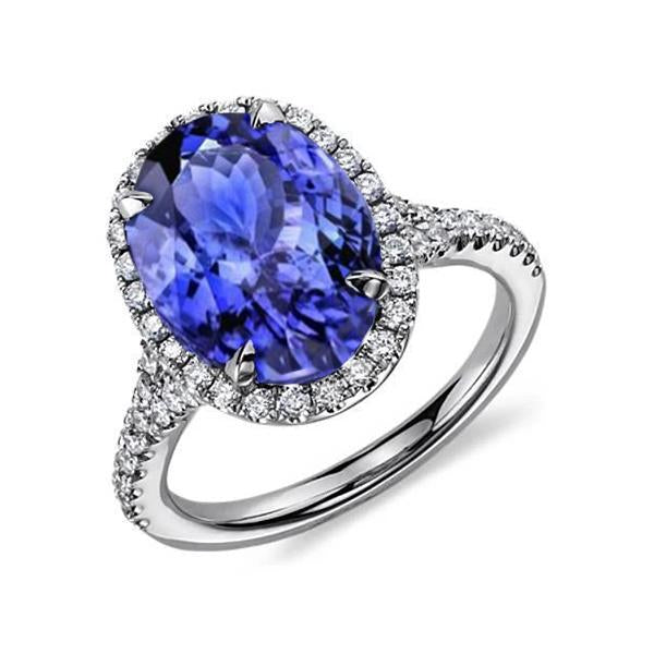 6.85 Ct Tanzanite With Halo Diamonds Ring White Gold 14K - Gemstone Ring-harrychadent.ca