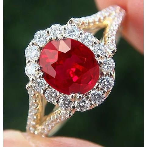 7.25 Carats Oval Red Ruby With Diamond Wedding Ring Yellow Gold 14K - Gemstone Ring-harrychadent.ca